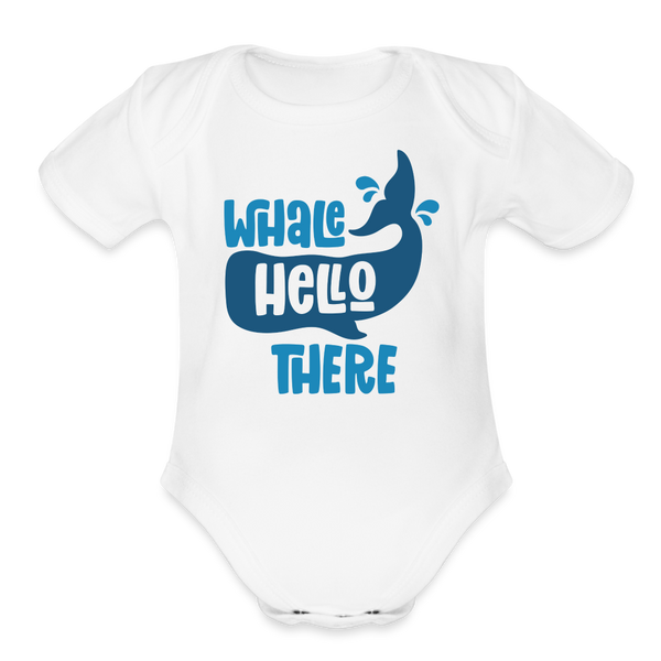 Whale Hello There Whale Pun Organic Short Sleeve Baby Bodysuit - white