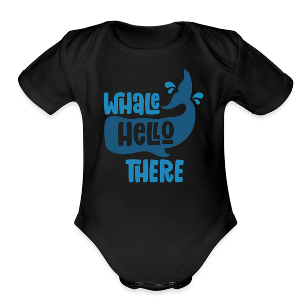 Whale Hello There Whale Pun Organic Short Sleeve Baby Bodysuit - black