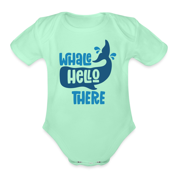 Whale Hello There Whale Pun Organic Short Sleeve Baby Bodysuit - light mint