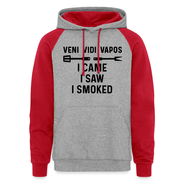 Veni Vidi Vapos I Came I Saw I Smoked: BBQ Smoker Colorblock Hoodie - heather grey/red