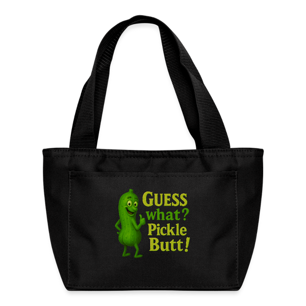 Guess What? Pickle Butt! Funny Recycled Insulated Lunch Bag - black