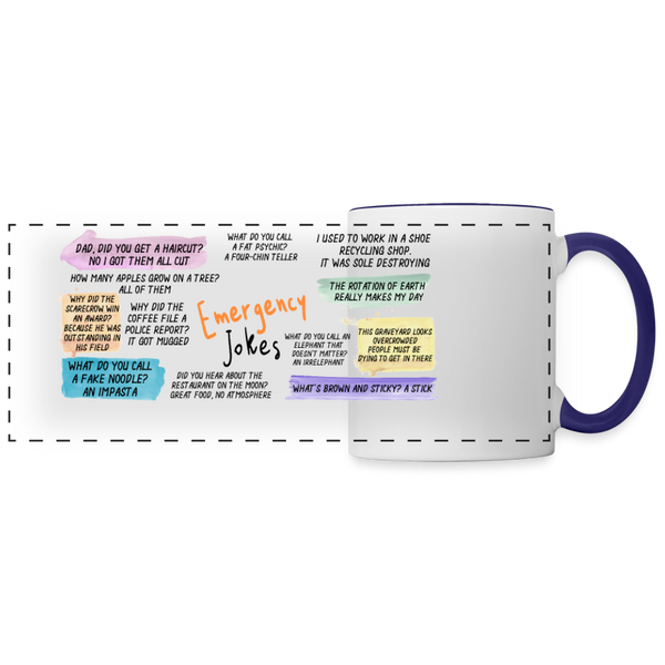 Emergency Dad Jokes Panoramic Mug - white/cobalt blue