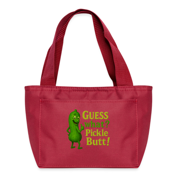 Guess What? Pickle Butt! Funny Recycled Insulated Lunch Bag - red