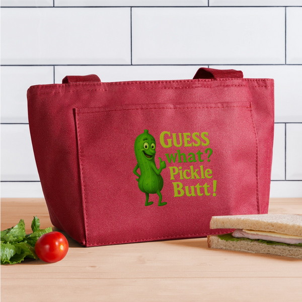 Guess What? Pickle Butt! Funny Recycled Insulated Lunch Bag - red