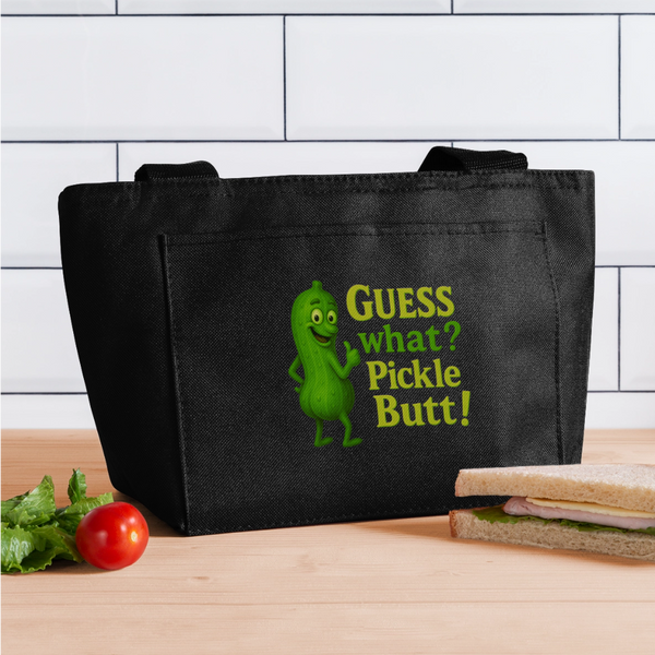 Guess What? Pickle Butt! Funny Recycled Insulated Lunch Bag - black