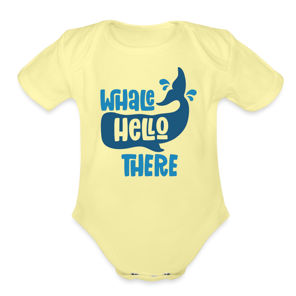 Whale Hello There Whale Pun Organic Short Sleeve Baby Bodysuit - washed yellow