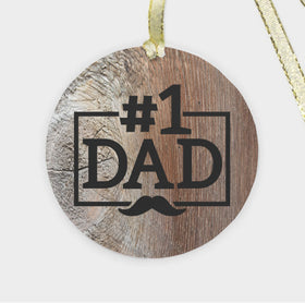 Glass Christmas Ornament #1 Dad with Mustache on Faux Wood