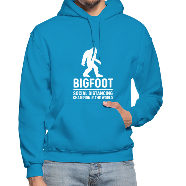 Bigfoot Social Distancing Champion of the World Gildan Heavy Blend Adult Hoodie - turquoise