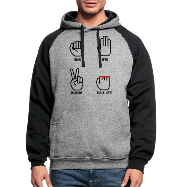 Rock, Paper, Scissors, Table Saw Funny Colorblock Hoodie - heather gray/black