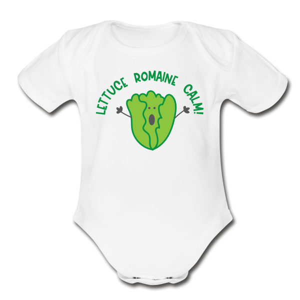 Lettuce Romaine Calm! Salad Food Pun Organic Short Sleeve Baby Bodysuit - white