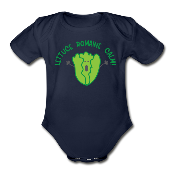Lettuce Romaine Calm! Salad Food Pun Organic Short Sleeve Baby Bodysuit - dark navy