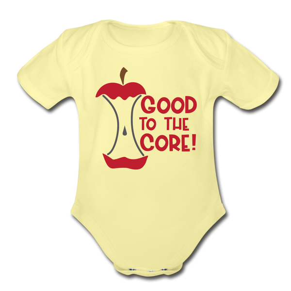 Good to the Core! Apple Food Pun Organic Short Sleeve Baby Bodysuit - washed yellow
