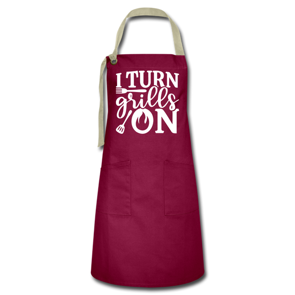I Turn Grills On Funny BBQ Grilling Artisan Apron - burgundy/khaki