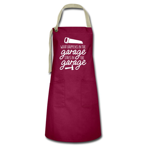 What Happens in the Garage Stays in the Garage Artisan Apron - burgundy/khaki