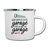 What Happens in the Garage Stays in the Garage Camper Mug - white
