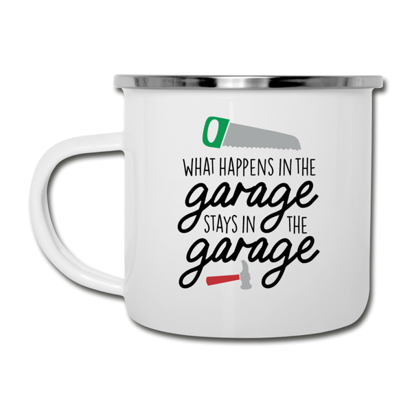 What Happens in the Garage Stays in the Garage Camper Mug - white