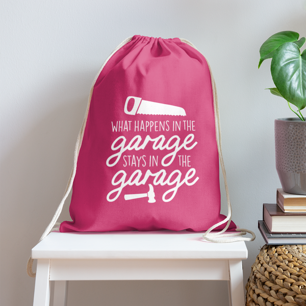 What Happens in the Garage Stays in the Garage Cotton Drawstring Bag - pink