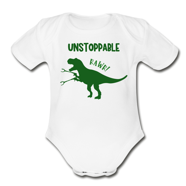 Unstoppable T-Rex Dinosaur Organic Short Sleeve Baby Bodysuit - white