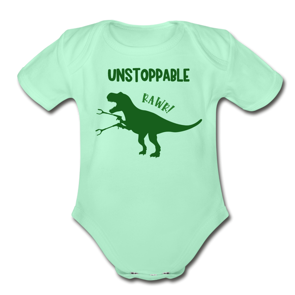 Unstoppable T-Rex Dinosaur Organic Short Sleeve Baby Bodysuit - light mint