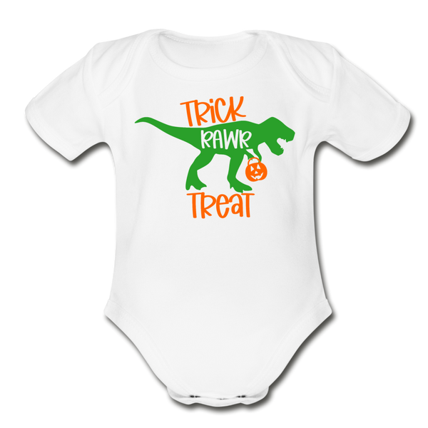 Trick Rawr Treat Dinosaur Halloween Organic Short Sleeve Baby Bodysuit - white
