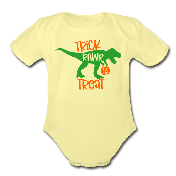 Trick Rawr Treat Dinosaur Halloween Organic Short Sleeve Baby Bodysuit - washed yellow