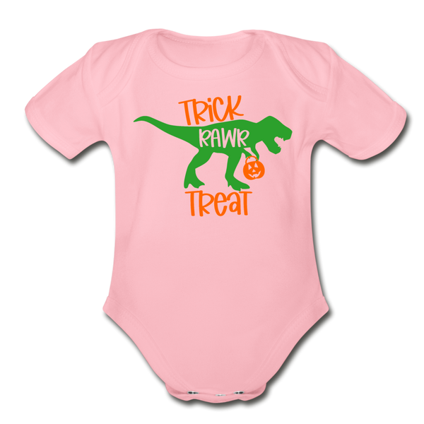 Trick Rawr Treat Dinosaur Halloween Organic Short Sleeve Baby Bodysuit - light pink