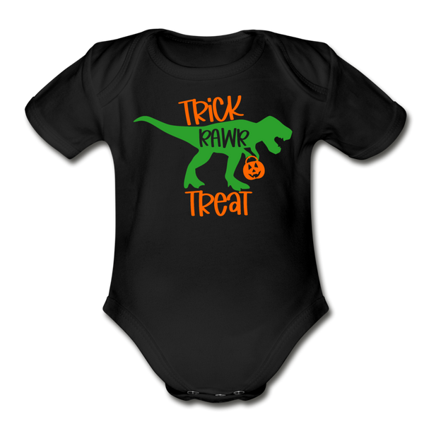 Trick Rawr Treat Dinosaur Halloween Organic Short Sleeve Baby Bodysuit - black