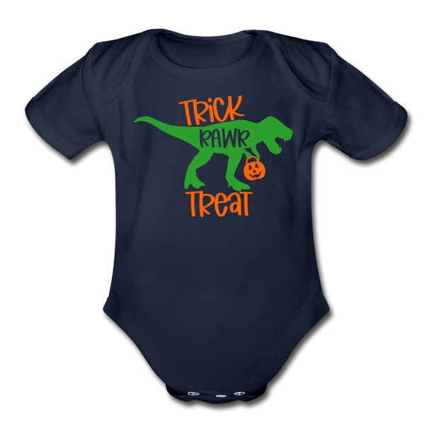 Trick Rawr Treat Dinosaur Halloween Organic Short Sleeve Baby Bodysuit - dark navy