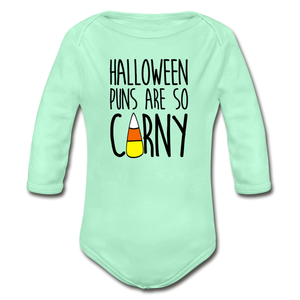 Halloween Punsa are so Corny Organic Long Sleeve Baby Bodysuit - light mint