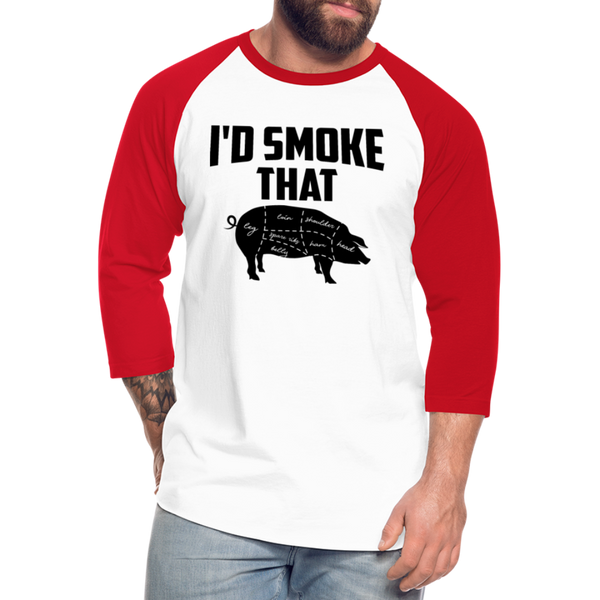 I'd Smoke That Funny BBQ Unisex Baseball T-Shirt - white/red
