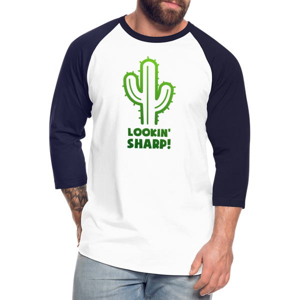 Lookin' Sharp! Cactus Pun Baseball T-Shirt - white/navy