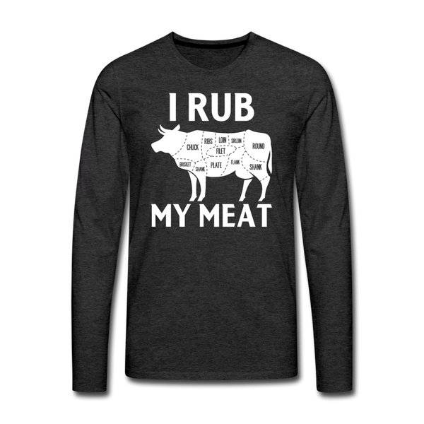 I Rub My Meat BBQ Cow Men's Premium Long Sleeve T-Shirt - charcoal grey