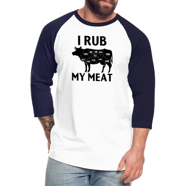 I Rub My Meat BBQ Cow Baseball T-Shirt - white/navy