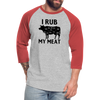 I Rub My Meat BBQ Cow Baseball T-Shirt - heather gray/red