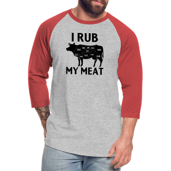 I Rub My Meat BBQ Cow Baseball T-Shirt - heather gray/red