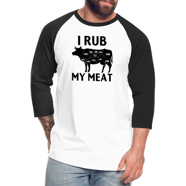 I Rub My Meat BBQ Cow Baseball T-Shirt - white/black