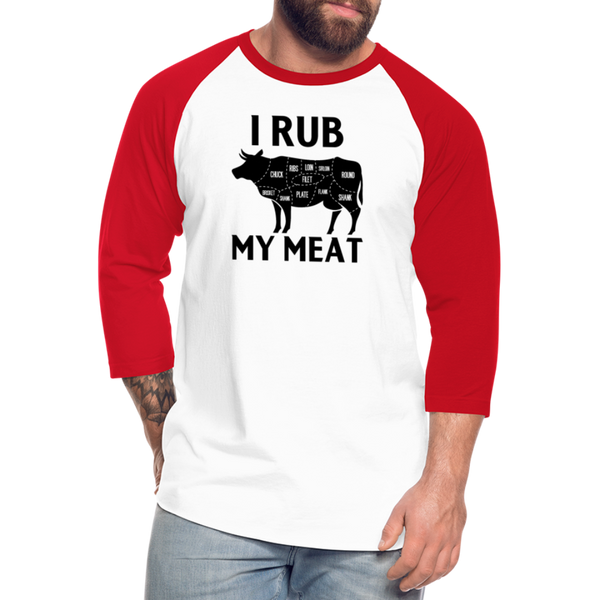 I Rub My Meat BBQ Cow Baseball T-Shirt - white/red