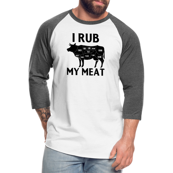 I Rub My Meat BBQ Cow Baseball T-Shirt - white/charcoal