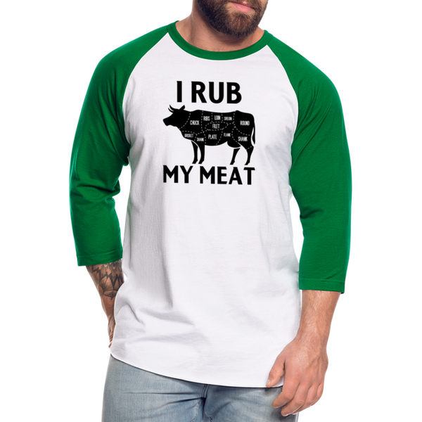 I Rub My Meat BBQ Cow Baseball T-Shirt - white/kelly green
