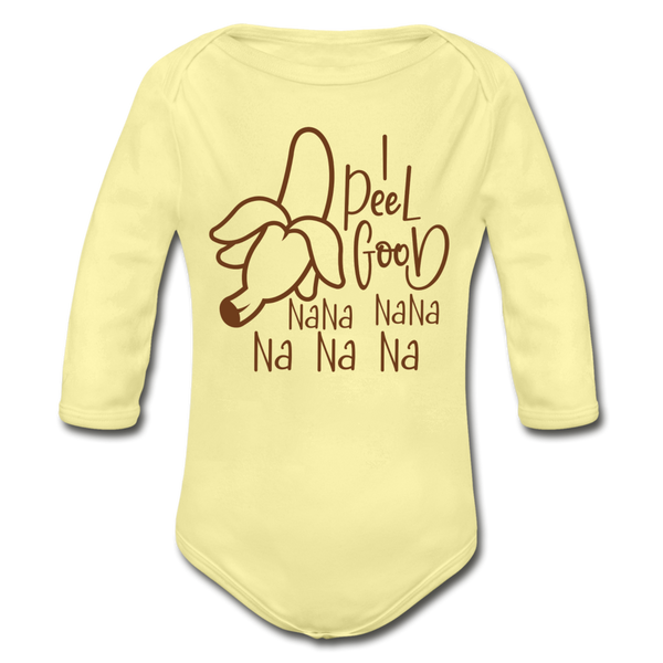 I Peel Good Banana Pun Organic Long Sleeve Baby Bodysuit - washed yellow