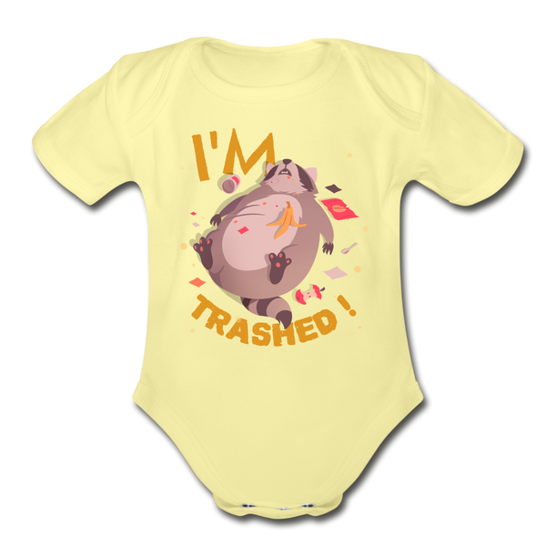I'm Trashed Funny Raccoon Organic Short Sleeve Baby Bodysuit - washed yellow