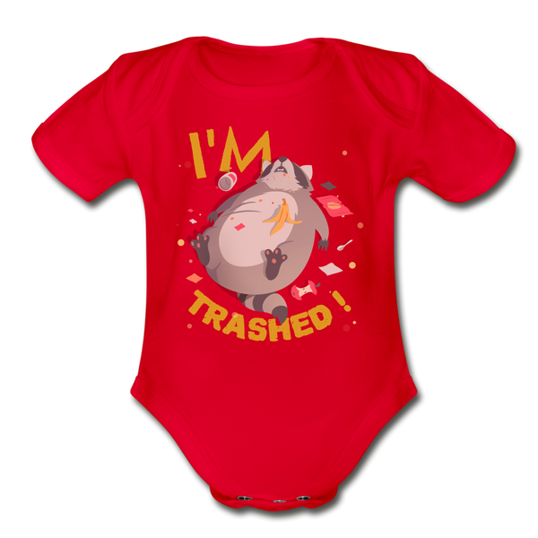I'm Trashed Funny Raccoon Organic Short Sleeve Baby Bodysuit - red