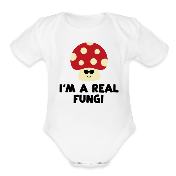 I'm a Real Fungi Pun Organic Short Sleeve Baby Bodysuit - white