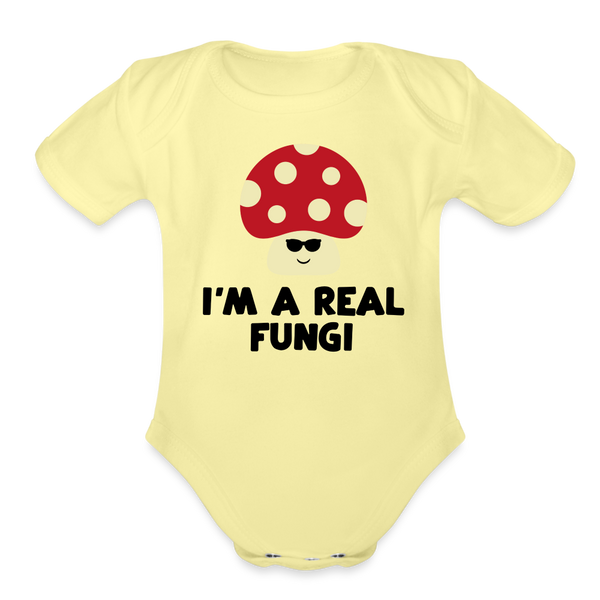 I'm a Real Fungi Pun Organic Short Sleeve Baby Bodysuit - washed yellow
